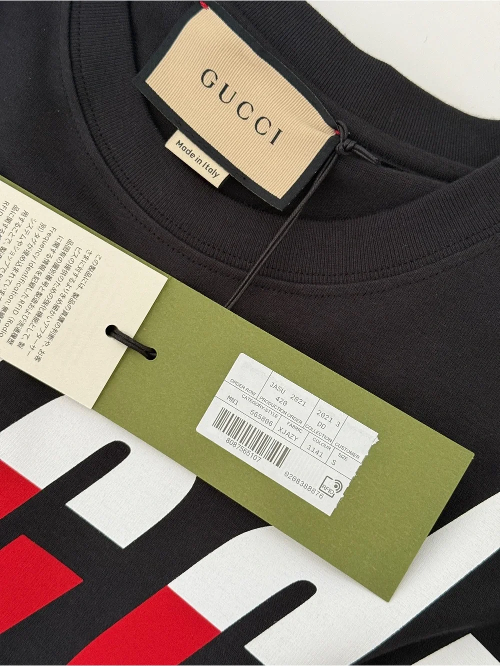 Gucci Black Short-Sleeve Logo Tee with Red and White Graphic